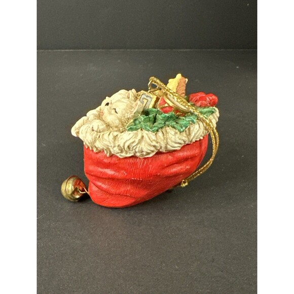 Vintage Christmas Ornament Kittens in Red Stocking with Toys & Bell - Picture 2 of 6